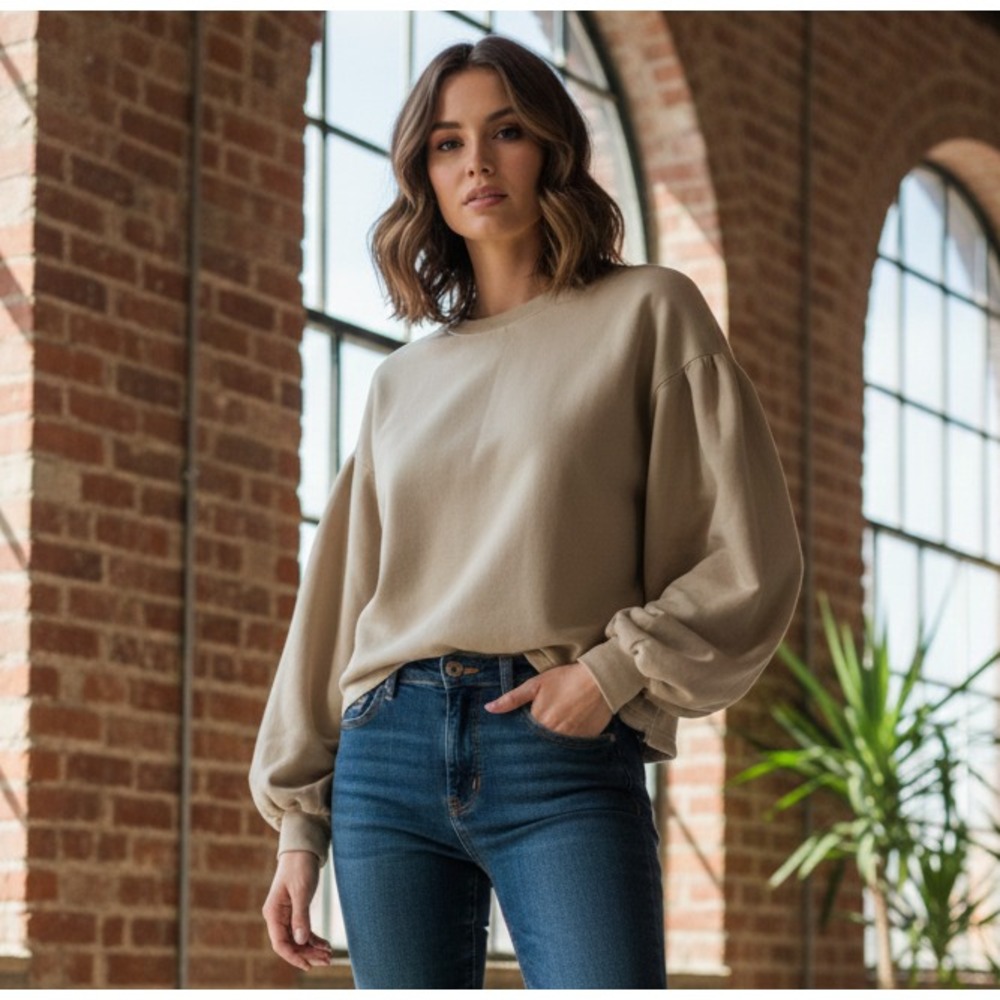 Alice & Olivia Women's X-Small‎ Beige Crew Neck Long Puff Sleeve Sweatshirt